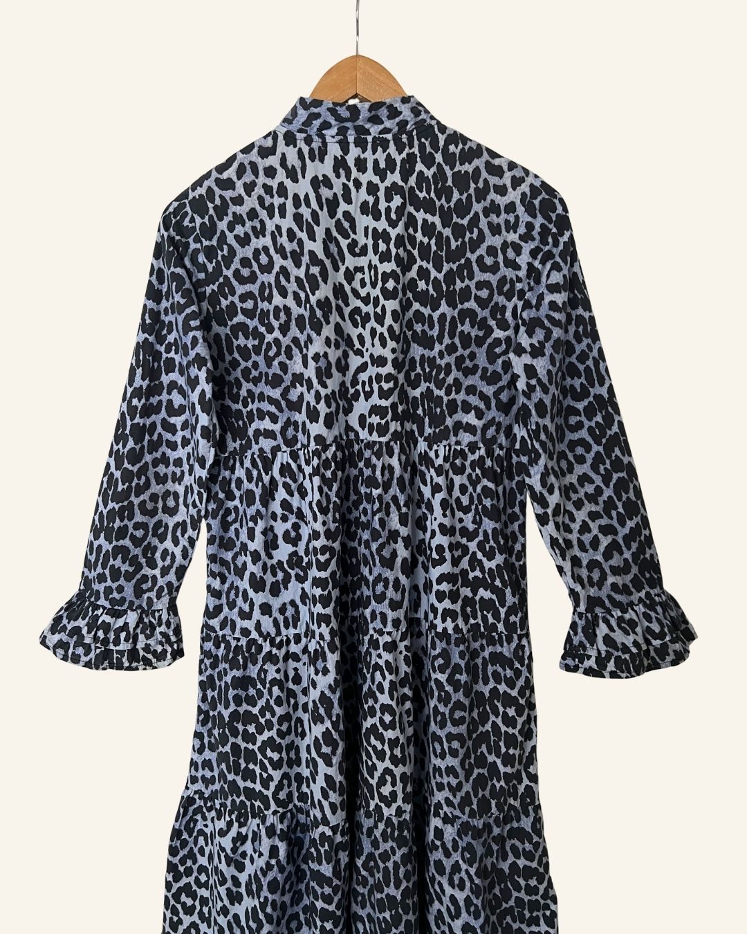 GANNI blue leopard print ruffle cotton poplin long dress