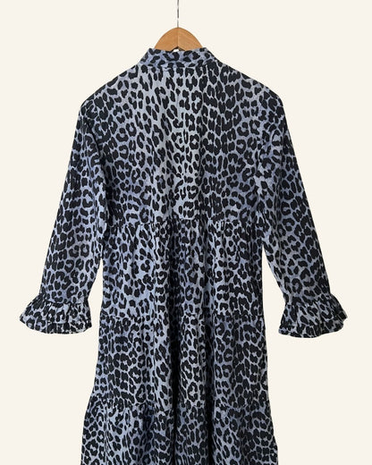 GANNI blue leopard print ruffle cotton poplin long dress