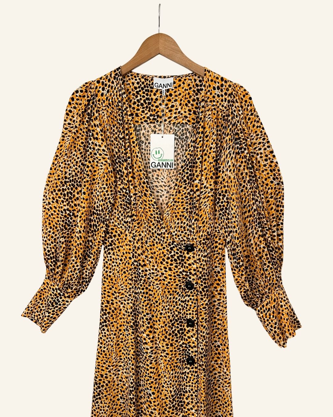 GANNI animal print leo buttoned long dress with puff sleeves