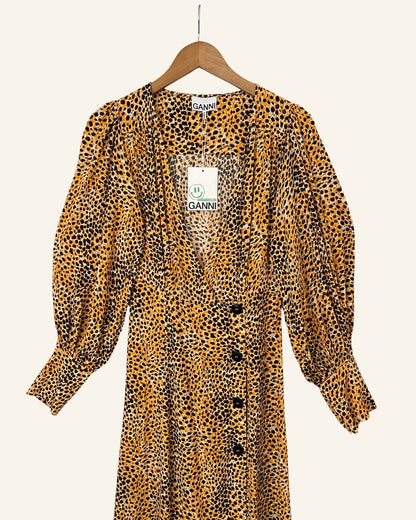 GANNI animal print leo buttoned long dress with puff sleeves