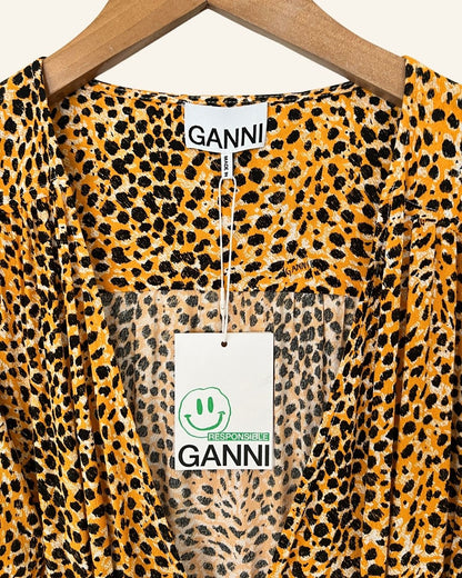 GANNI animal print buttoned long dress with puff sleeves