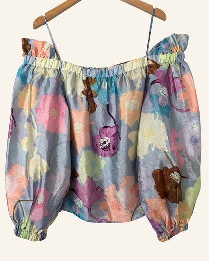 STINE GOYA off shoulders straps satin floral printed blouse with puff sleeves