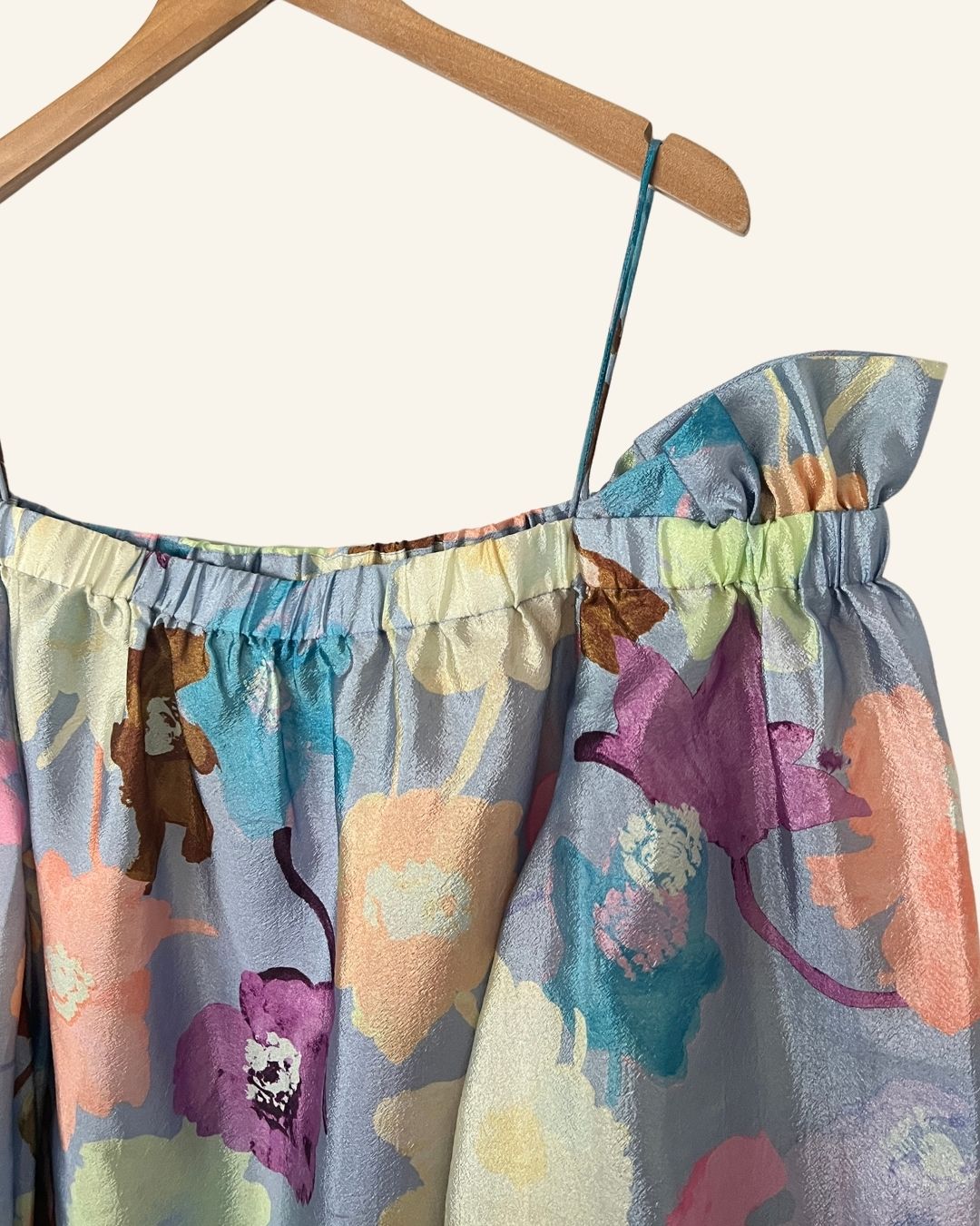 STINE GOYA off shoulders straps satin floral printed blouse with puff sleeves