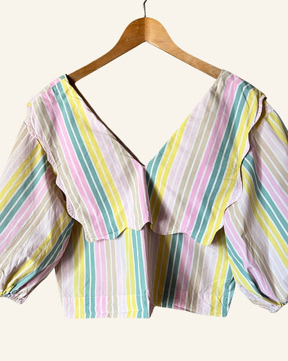 GANNI large collar multicolored stripes short blouse with puff sleeves