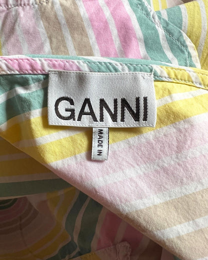 GANNI large collar multicolored stripes short blouse with puff sleeves