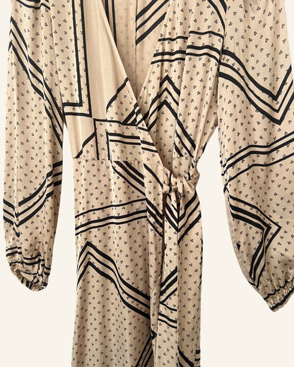 SECOND FEMALE satin beige patchwork pattern wrap midi dress