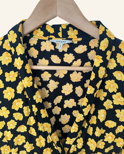 GANNI emory crepe black wrap dress with yellow floral print