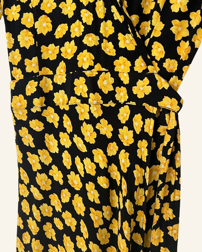 GANNI black wrap dress with yellow floral print