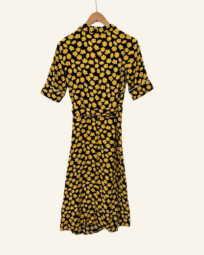 GANNI black wrap dress with yellow floral print