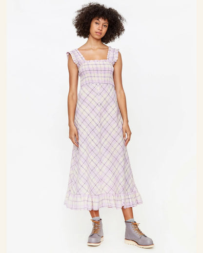 GANNI Beautiful long lilac and cream ruffled seersucker checked summer dress