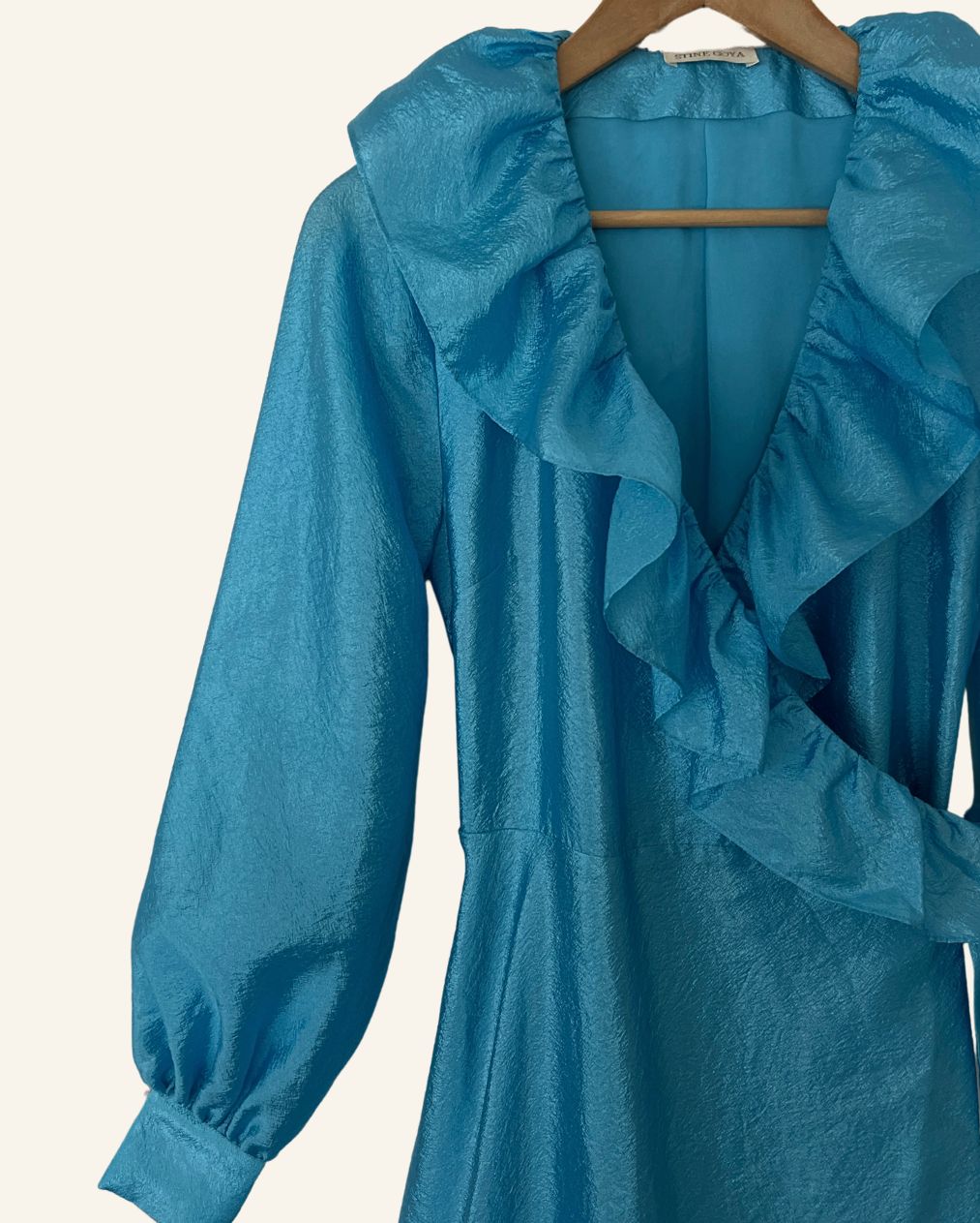 STINE GOYA "Steffi" aqua blue metallic shiny satin ruffle trim puff sleeves long wrap dress 