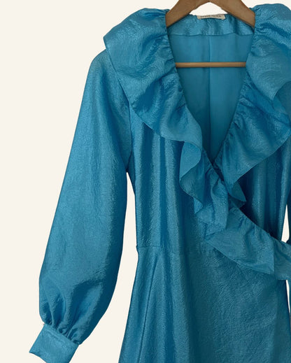 STINE GOYA "Steffi" aqua blue metallic shiny satin ruffle trim puff sleeves long wrap dress 