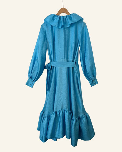 STINE GOYA "Steffi" aqua blue metallic shiny satin ruffle trim puff sleeves long wrap dress 