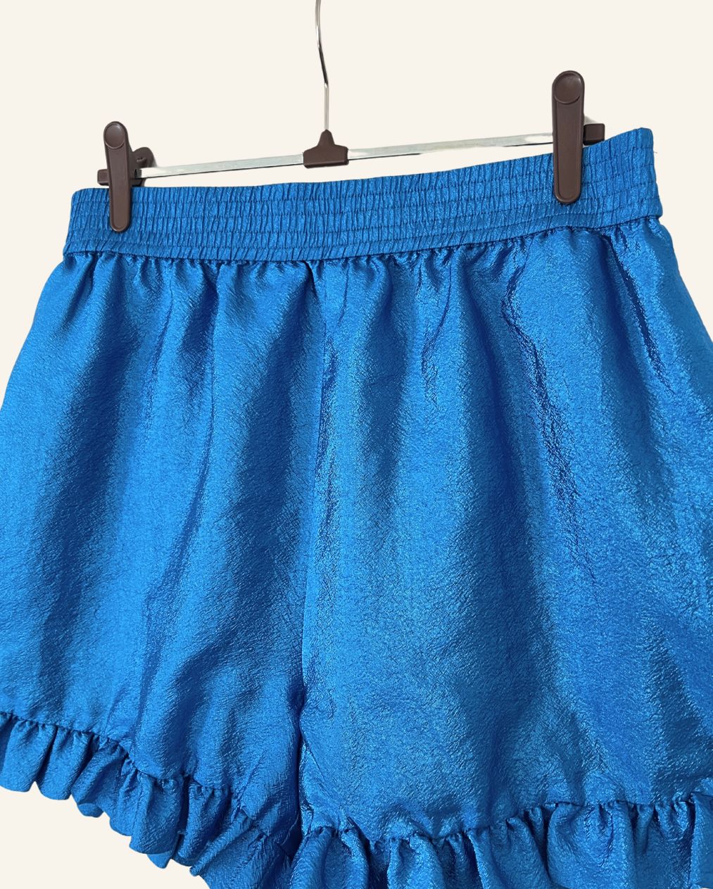 STINE GOYA "Joselyn" blue ruffled high-waist satin shorts