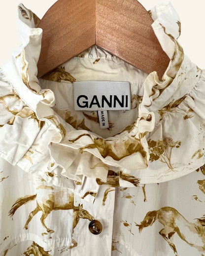 GANNI horse print iconic ruffled cotton poplin oversize mini dress