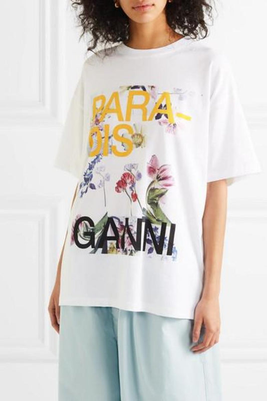 ganni paradis white floral print logo tshirt