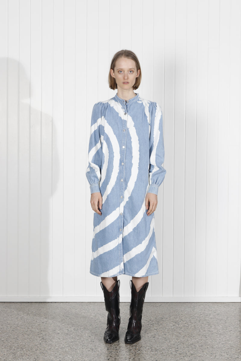 GANNI Acadia tie dye bleach spiral light blue jeans denim long dress