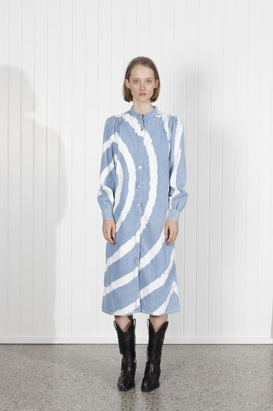 GANNI Acadia tie dye bleach spiral light blue jeans denim long dress