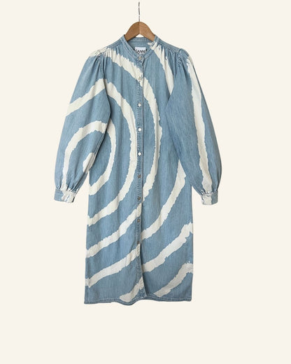GANNI Acadia tie dye bleach spiral light blue jeans denim long dress