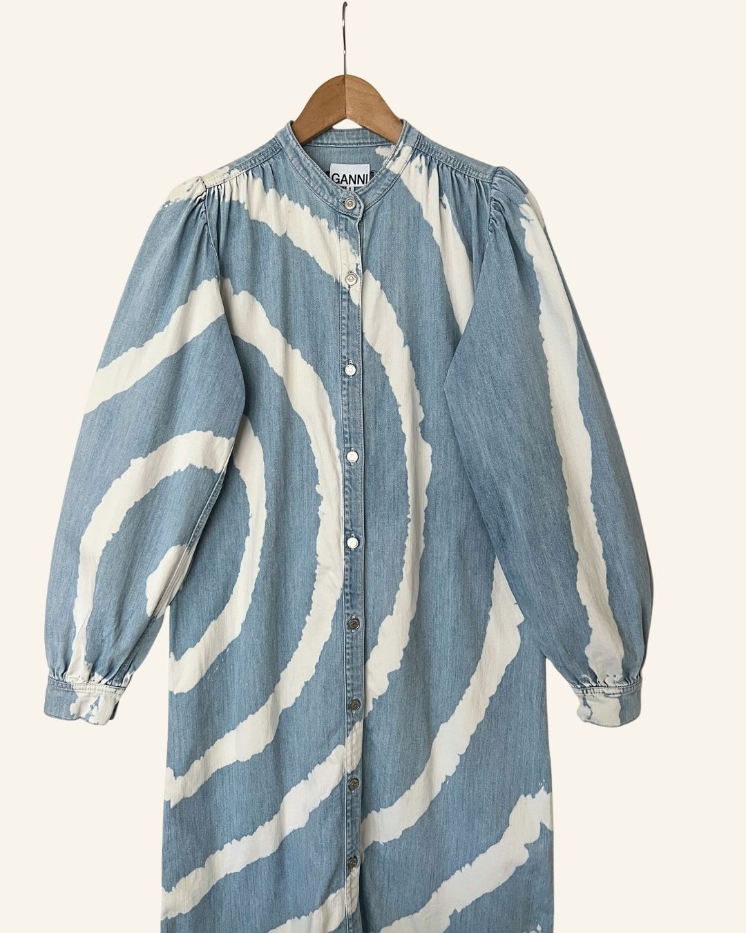 GANNI Acadia tie dye bleach spiral light blue jeans denim long dress