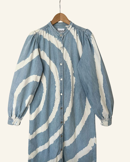 GANNI Acadia tie dye bleach spiral light blue jeans denim long dress
