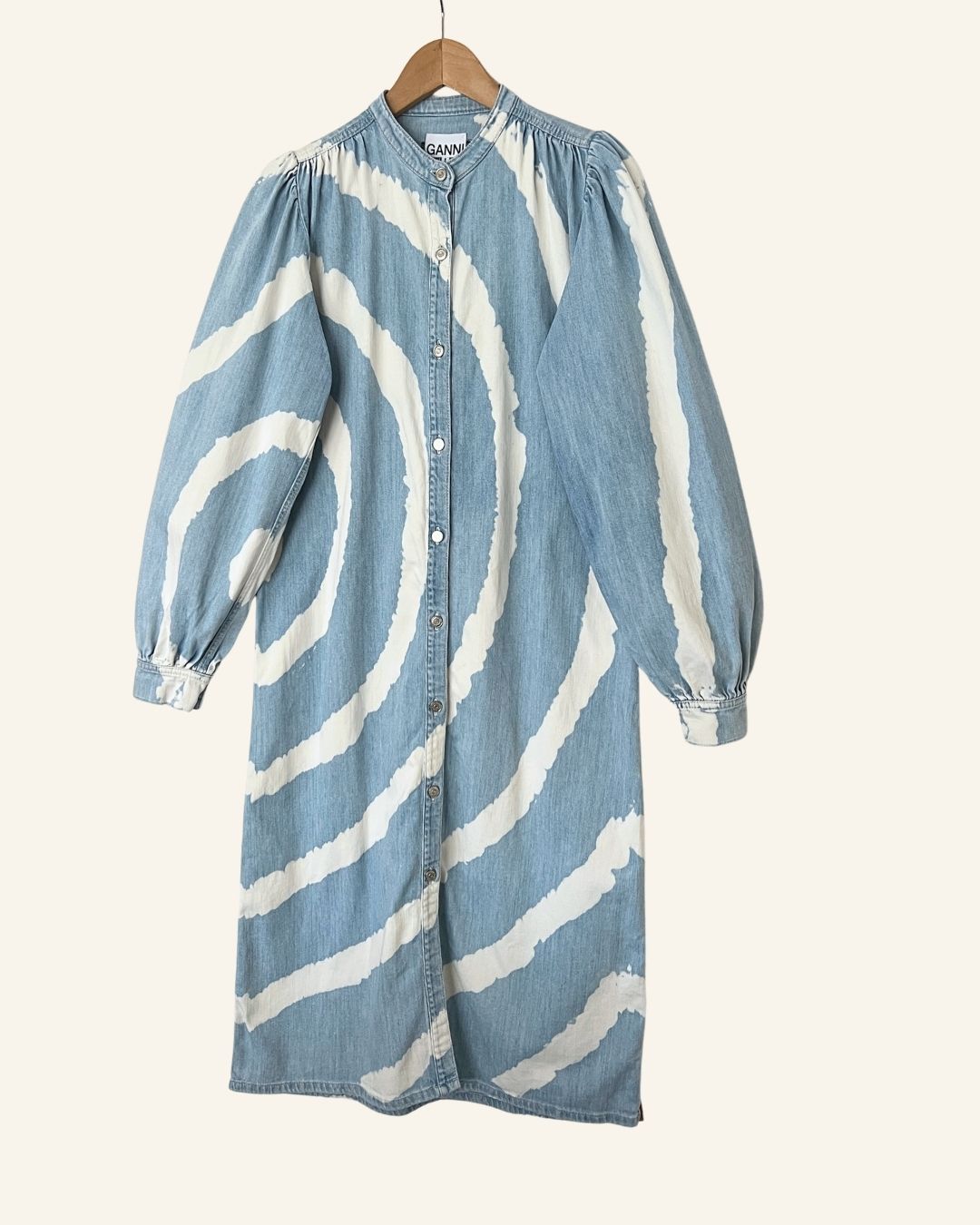 GANNI Acadia tie dye bleach spiral light blue jeans denim long dress