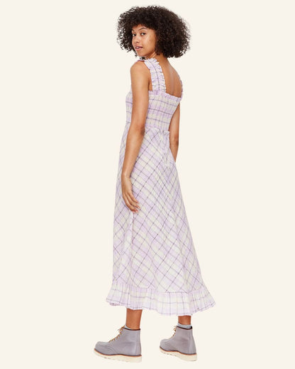 GANNI Beautiful long lilac and cream ruffled seersucker checked summer dress