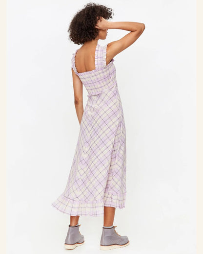 GANNI Beautiful long lilac and cream ruffled seersucker checked summer dress