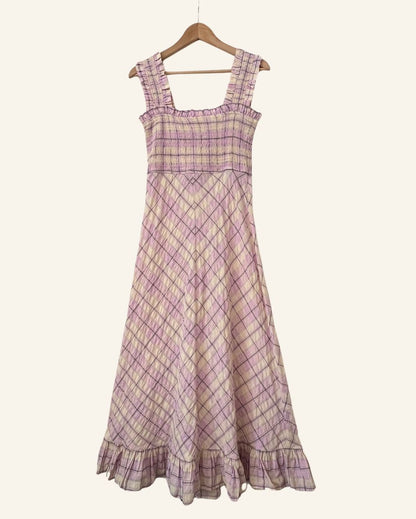 GANNI Beautiful long lilac and cream ruffled seersucker checked summer dress