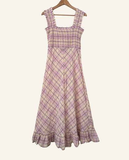 GANNI Beautiful long lilac and cream ruffled seersucker checked summer dress