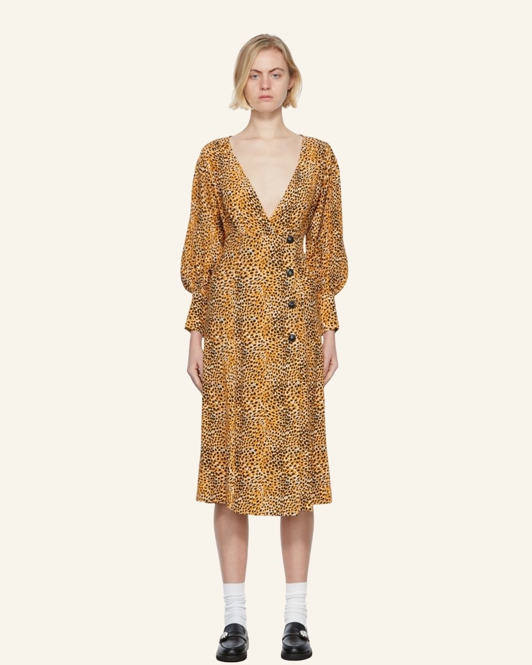 GANNI animal print leo buttoned long dress with puff sleeves