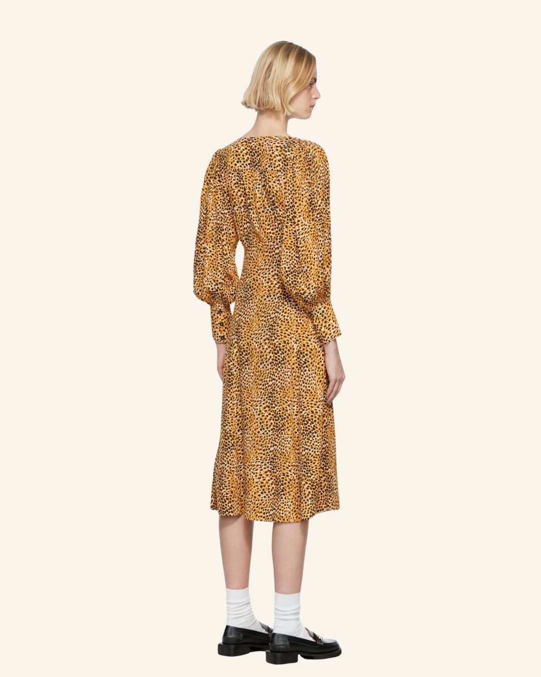 GANNI animal print leo buttoned long dress with puff sleeves