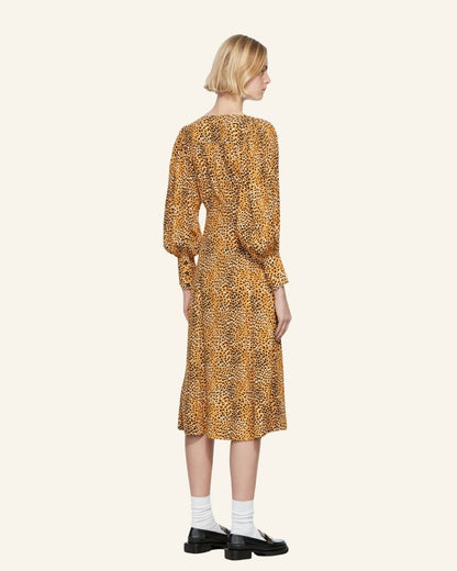GANNI animal print leo buttoned long dress with puff sleeves