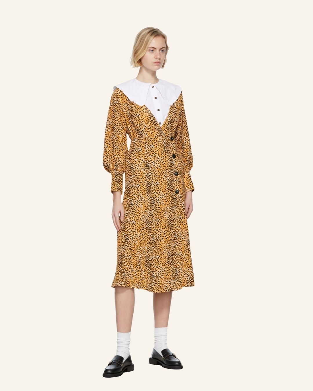 GANNI animal print leo buttoned long dress with puff sleeves