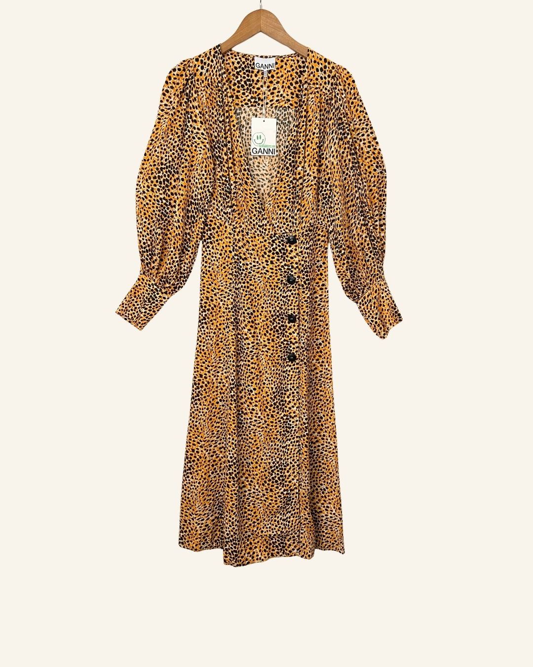GANNI animal print leo buttoned long dress with puff sleeves