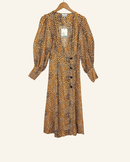GANNI animal print leo buttoned long dress with puff sleeves