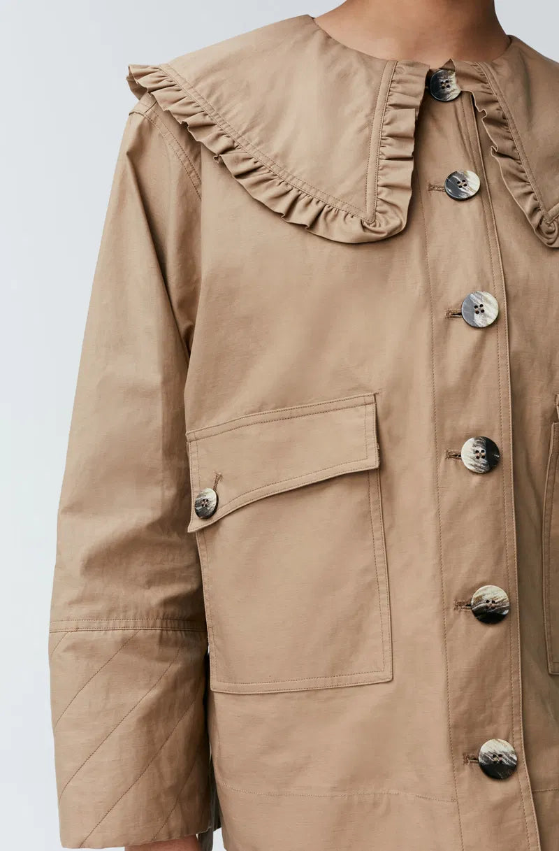 GANNI beige peter pan collar canvas light puffer jacket