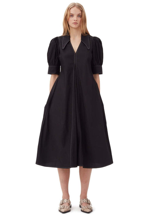 GANNI black organic cotton poplin long dress with puff sleeves