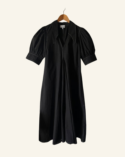 GANNI black organic cotton poplin long dress with puff sleeves