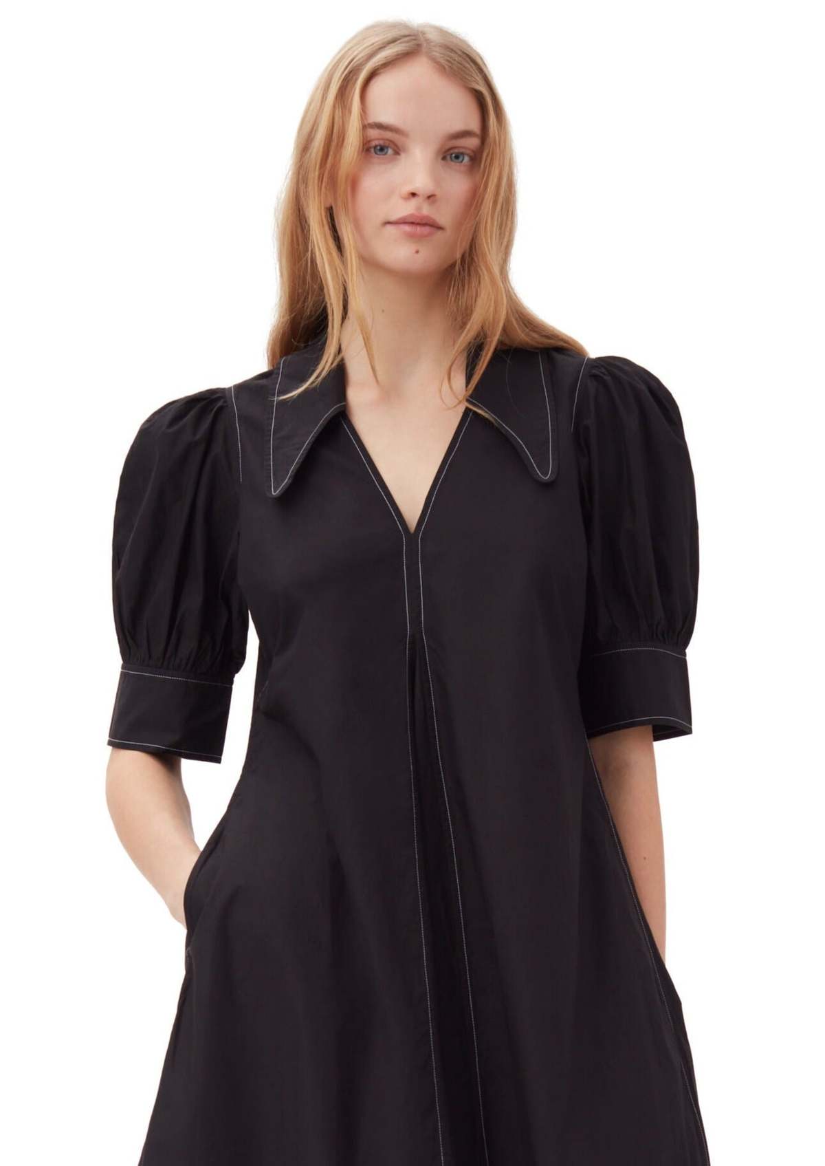 GANNI black organic cotton poplin long dress with puff sleeves