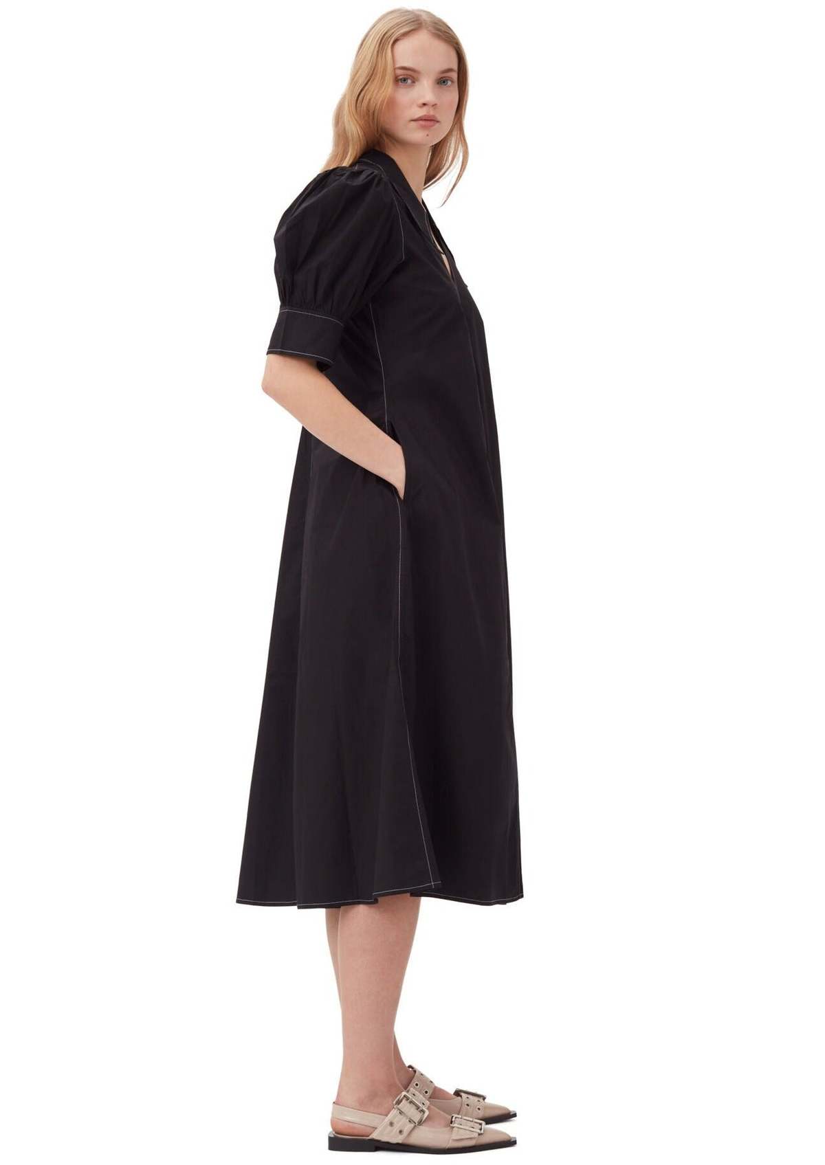 GANNI black organic cotton poplin long dress with puff sleeves