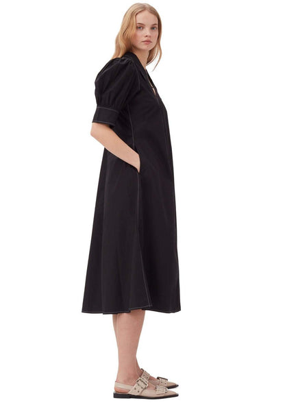 GANNI black organic cotton poplin long dress with puff sleeves