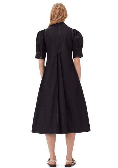 GANNI black organic cotton poplin long dress with puff sleeves