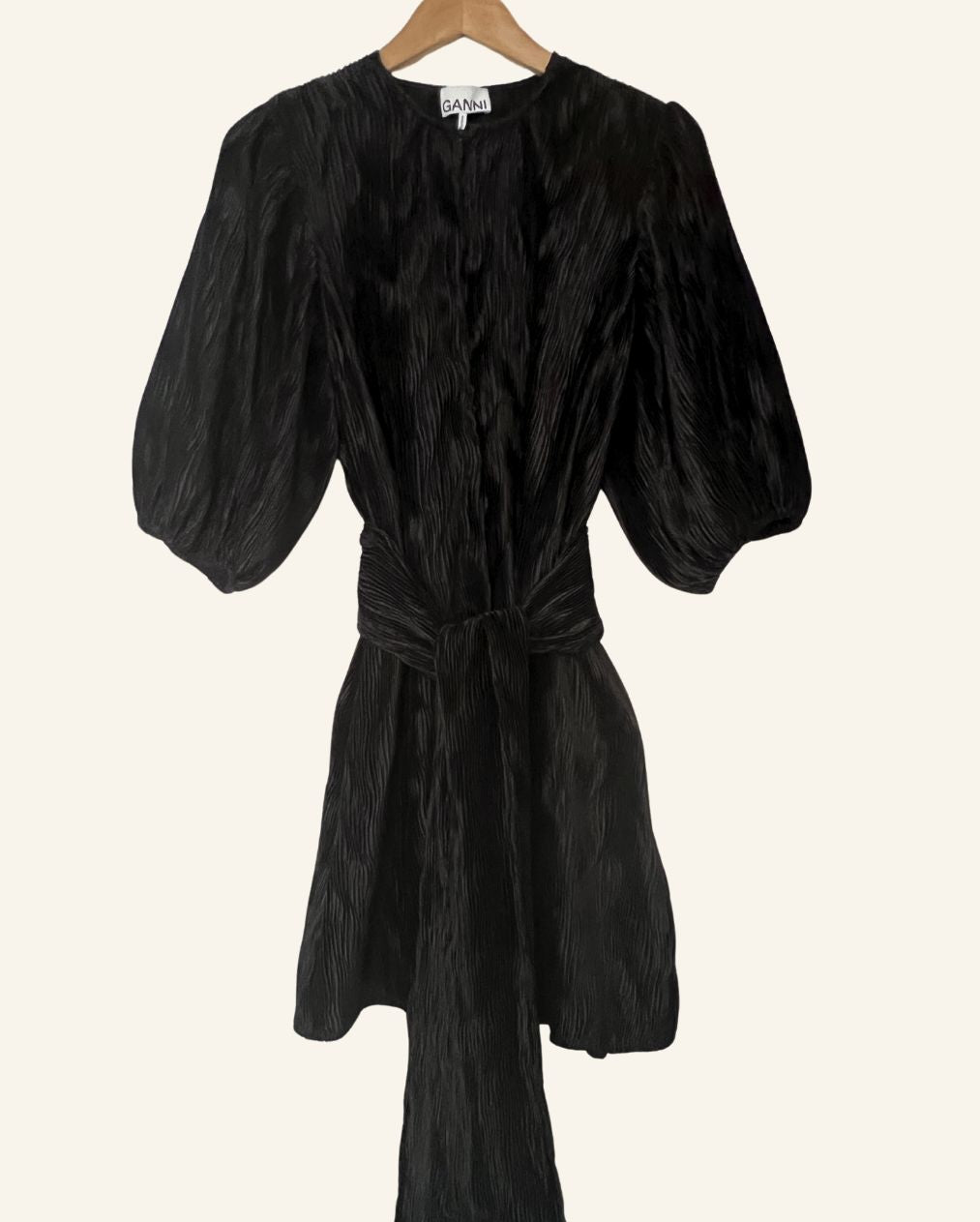 GANNI black satin pleated belt oversize dress with balloon sleeves