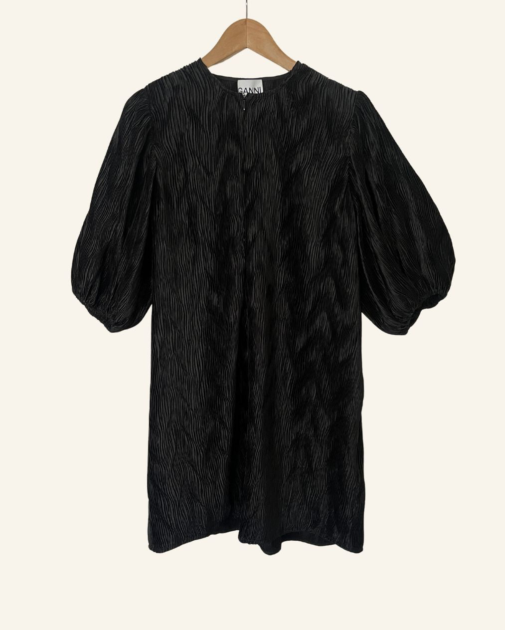 GANNI black satin pleated belt oversize dress with balloon sleeves