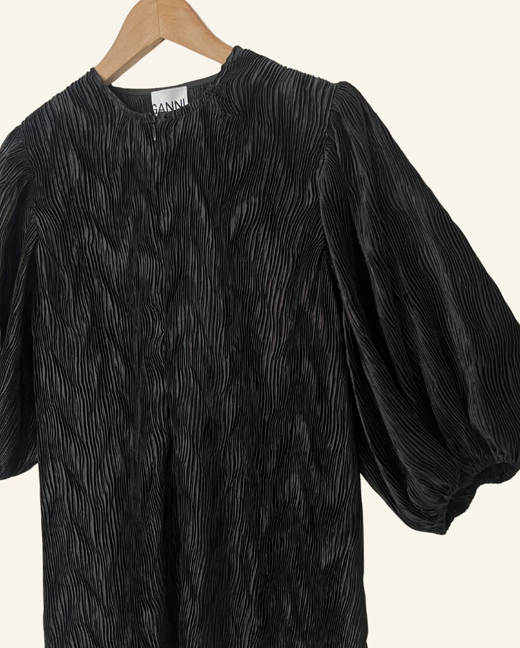 GANNI black satin pleated belt oversize dress with balloon sleeves