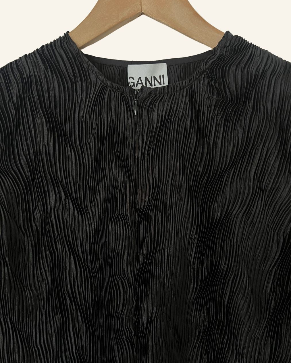 GANNI black satin pleated belt oversize dress with balloon sleeves