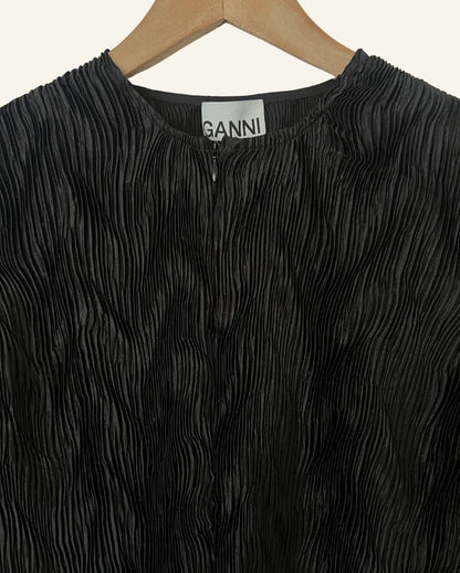 GANNI black satin pleated belt oversize dress with balloon sleeves
