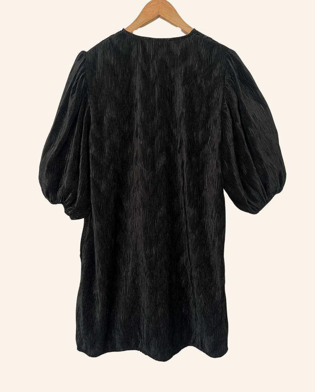 GANNI black satin pleated belt oversize dress with balloon sleeves