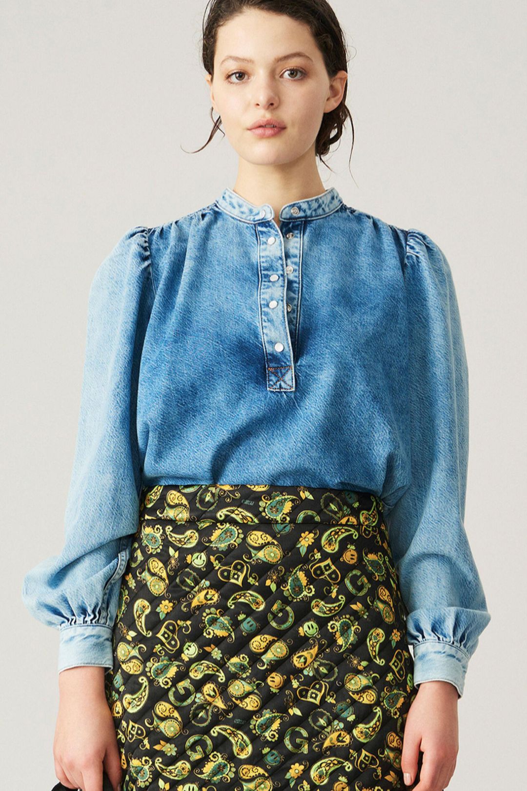 GANNI blouse in blue washed denim with puff sleeves